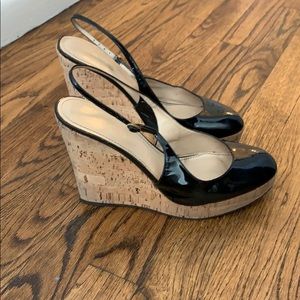 YSL patent cork wedge heels sling back
